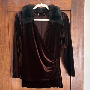 Vintage Brown Velvet Wrap Top with Faux Fur Collar